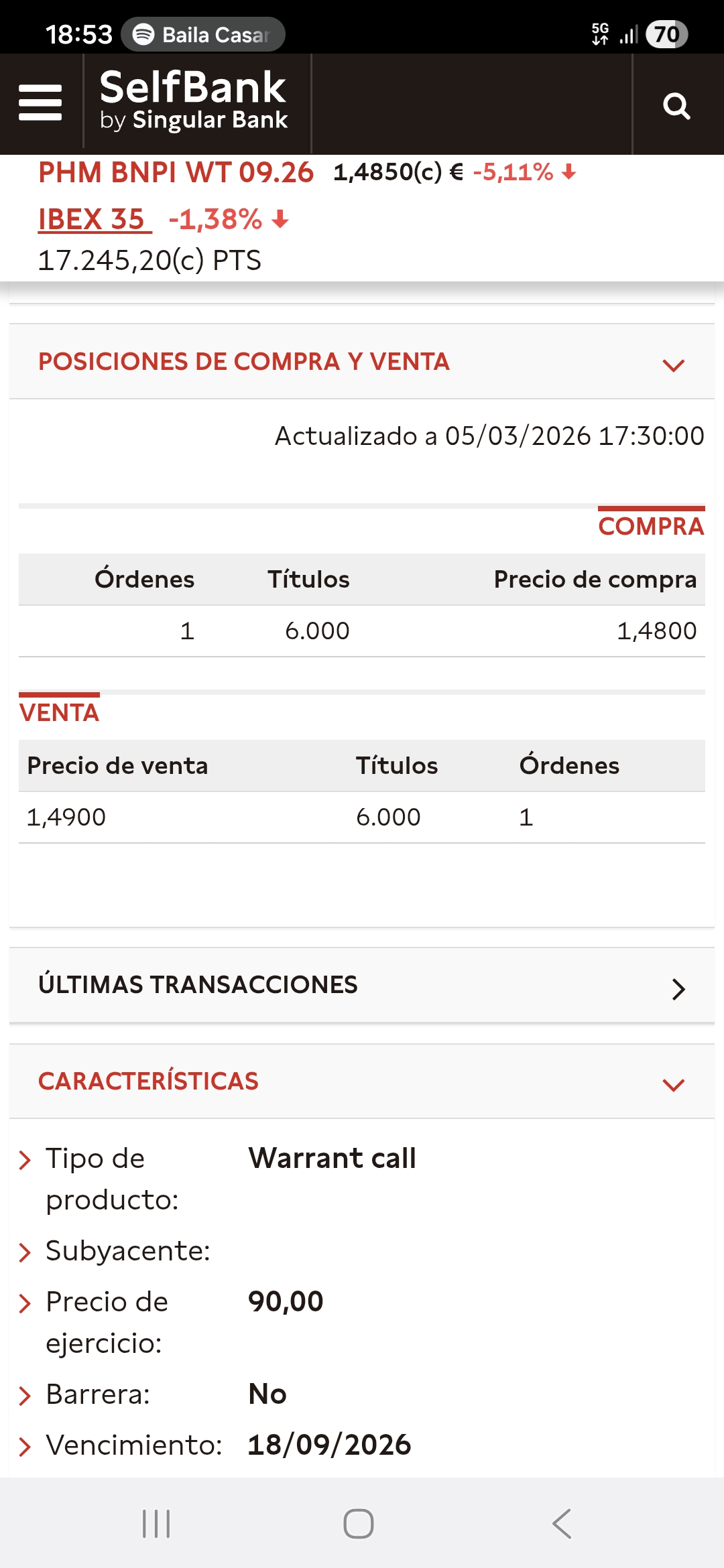 05/Mar/26
Warrant Call -5.11% 1.485 eur
Acciones -1.54% 80.15 eur
Elasticidad Diaria: 3,32. Por cada 1% que ha cedido la acción, el warrant ha corregido un 3,32%
Acciones PharmaMar
76,60 € a 80,15 € sube 4,63%
Warrant Call 90
1,365 € a 1,485 € sube 8,79%
Ratio de Elasticidad Acumulado: 1,90.
La estructura de la operación por el momento es muy "sana" seguimos....