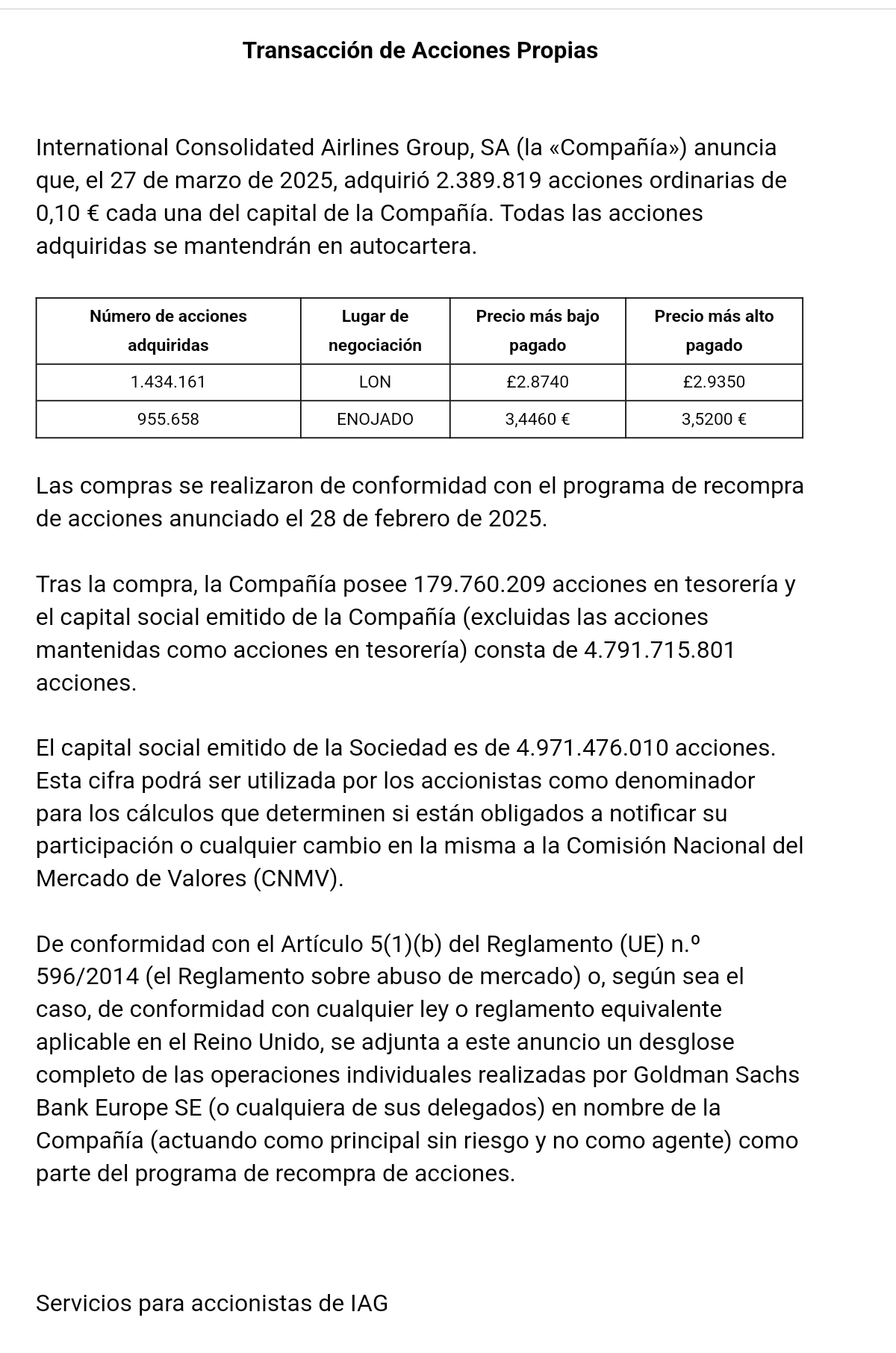Como engañaron con la recompra anterior, en fin, sigue recompra actual, total 180M accs en la saca