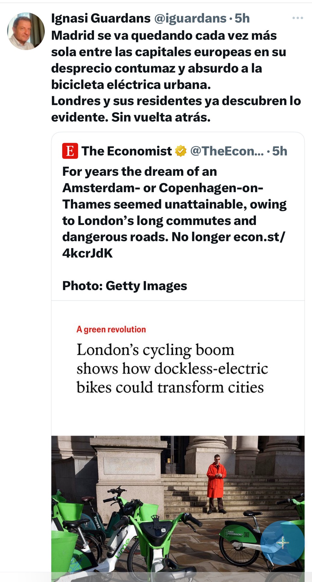 Acabará llegando, tarde o temprano, para igualarnos a otras capitales. Las bicis eléctricas serán otra fuente de demanda aparte de los vehículos y los centros de datos