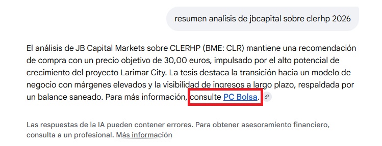le he preguntado a la IA de google, por si se habia filtrado algo. del analisis de jbcapital que da un PO de 30 eur/acc...
y cual ha sido mi sorpresa que ponen a este foro de referencia de información...
somos grandessss