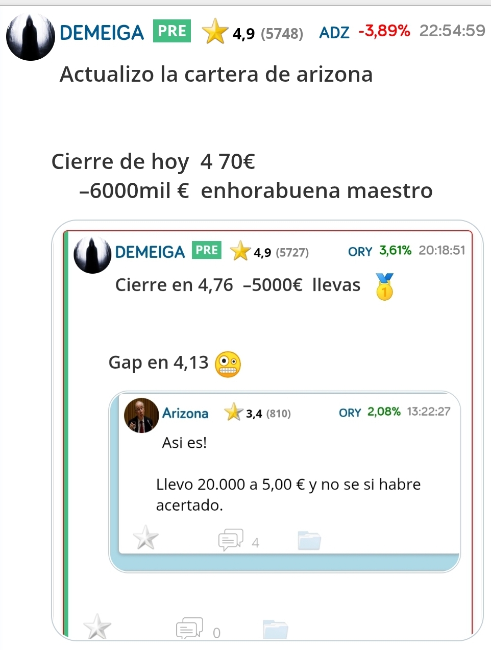 Actualizo carzera de arizona 4,68
–6400€ suma y sigue