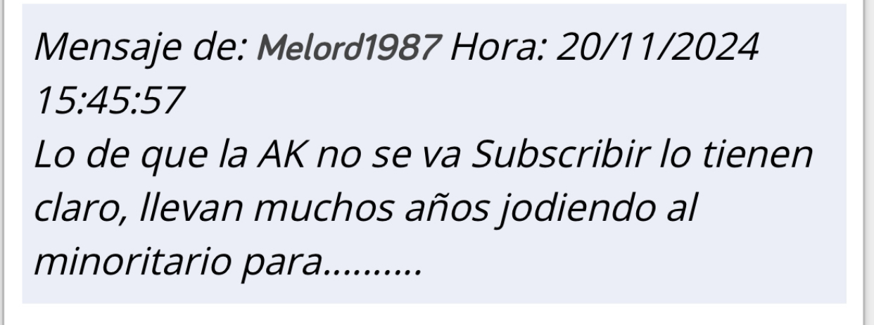 El Melord se ha tirado años aquí llorando …
Siempre negativo…
Estando la acción en 05 lloraba como una perra y me dijo si quería unirme a un grupo a denunciar a la empresa …??
En la AK decía que nadie la quería y no se iba a cubrir <span class="Emo28"> </span>
Y maldita sea esta web que pago aquí y tengo que aguantar esta basura otra vez ! <span class="Emo14"> </span>