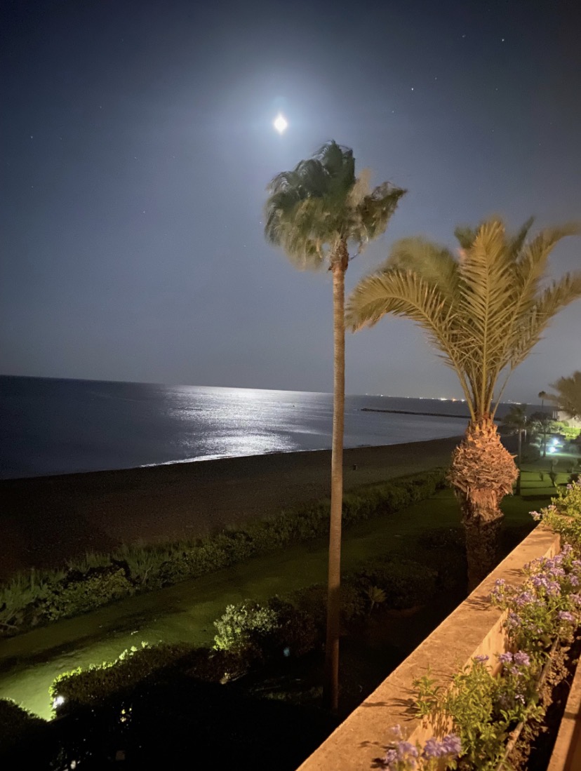 Esta foto de esta madrugada es la misma pero más clara. Me recuerda a “La luna en el mar riela / y en la lona gime el viento/ y alza en blando movimiento olas de plata y azul”.