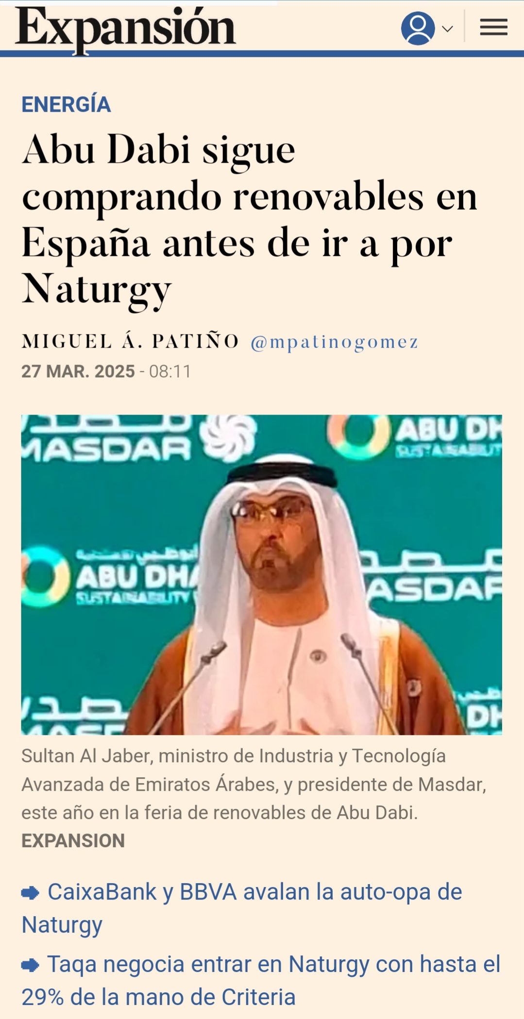Abu Dabi no pada de c9mprar renovables. We va a quedar con media España: https://www.expansion.com/empresas/energia/2025/03/27/67e4f7e8e5fdead5388b4594.html
