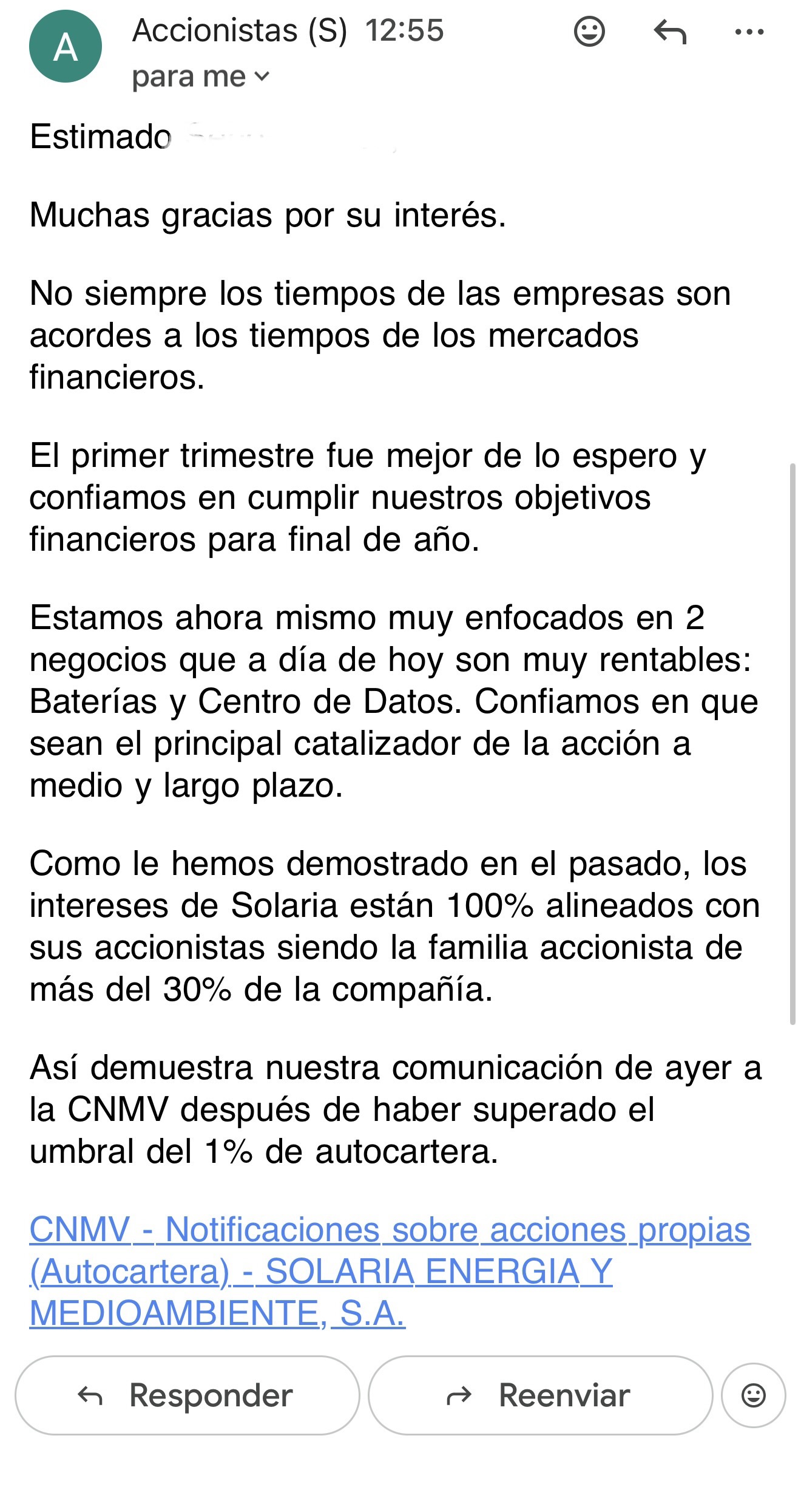 Me acaban de responder de SOLARIA… no se mojan mucho: