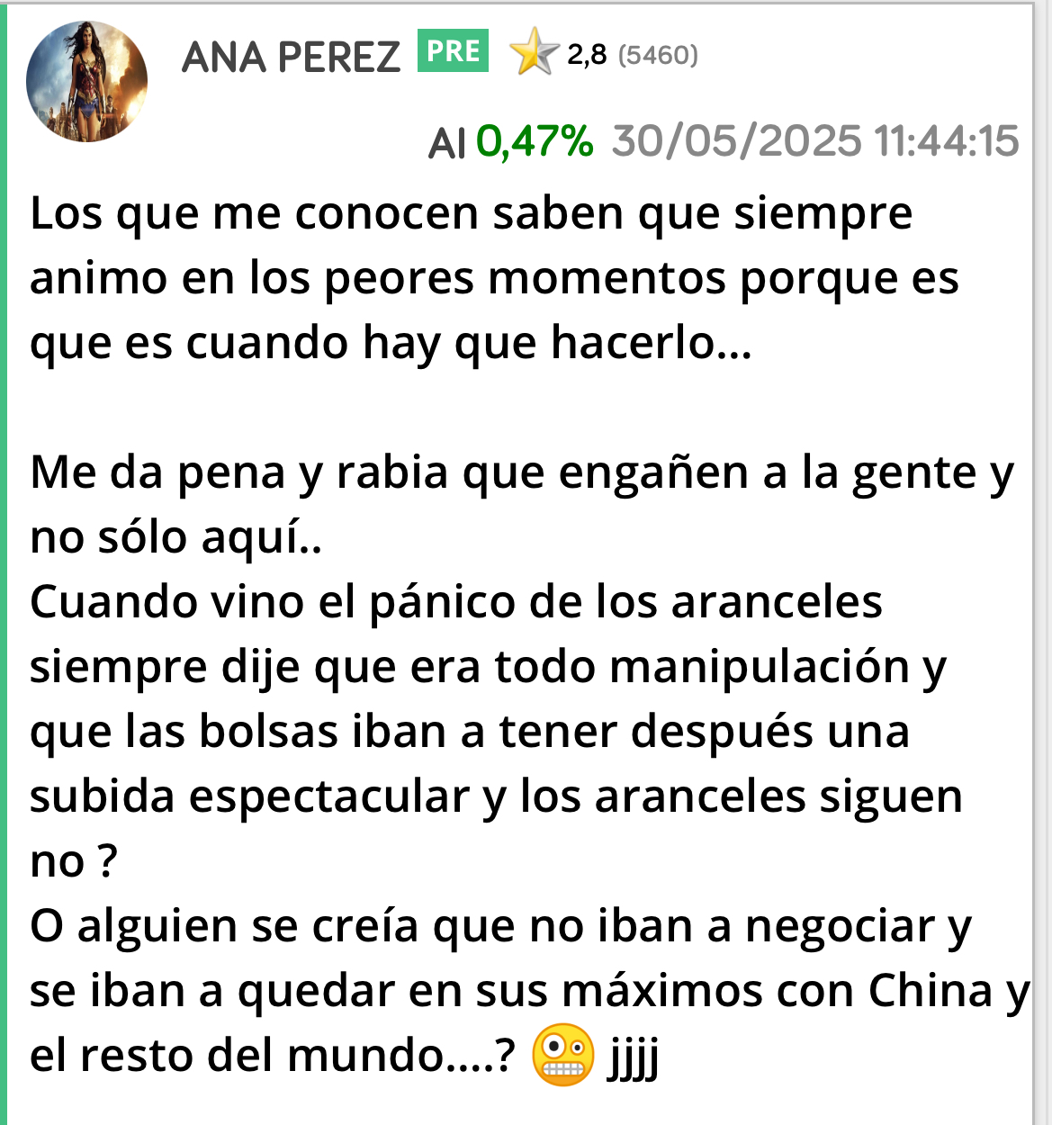 Después vino Trump con las rebajas y bingo otra vez <span class="Emo11"> </span> <span class="Emo12"> </span>
Es que la gente analiza con el c… <span class="Emo21"> </span> jjjj
Aquí se está cumpliendo y hasta lo de Indra no hay tu tía jjjj
Aunque esta bajada antes de resultados me gusta mucho y quizás serán más buenos de lo esperado y sea Indra la que vaya a buscarnos antes de que se le escape…. <span class="Emo42"> </span> jjjj
