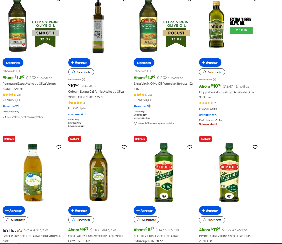 Ya empieza luque en usa a bajar el precio.
Antes casi no había diferencia. Ahora pone el aceite a 40 centavos la onza mientras bertolli sigue a 50 centavos