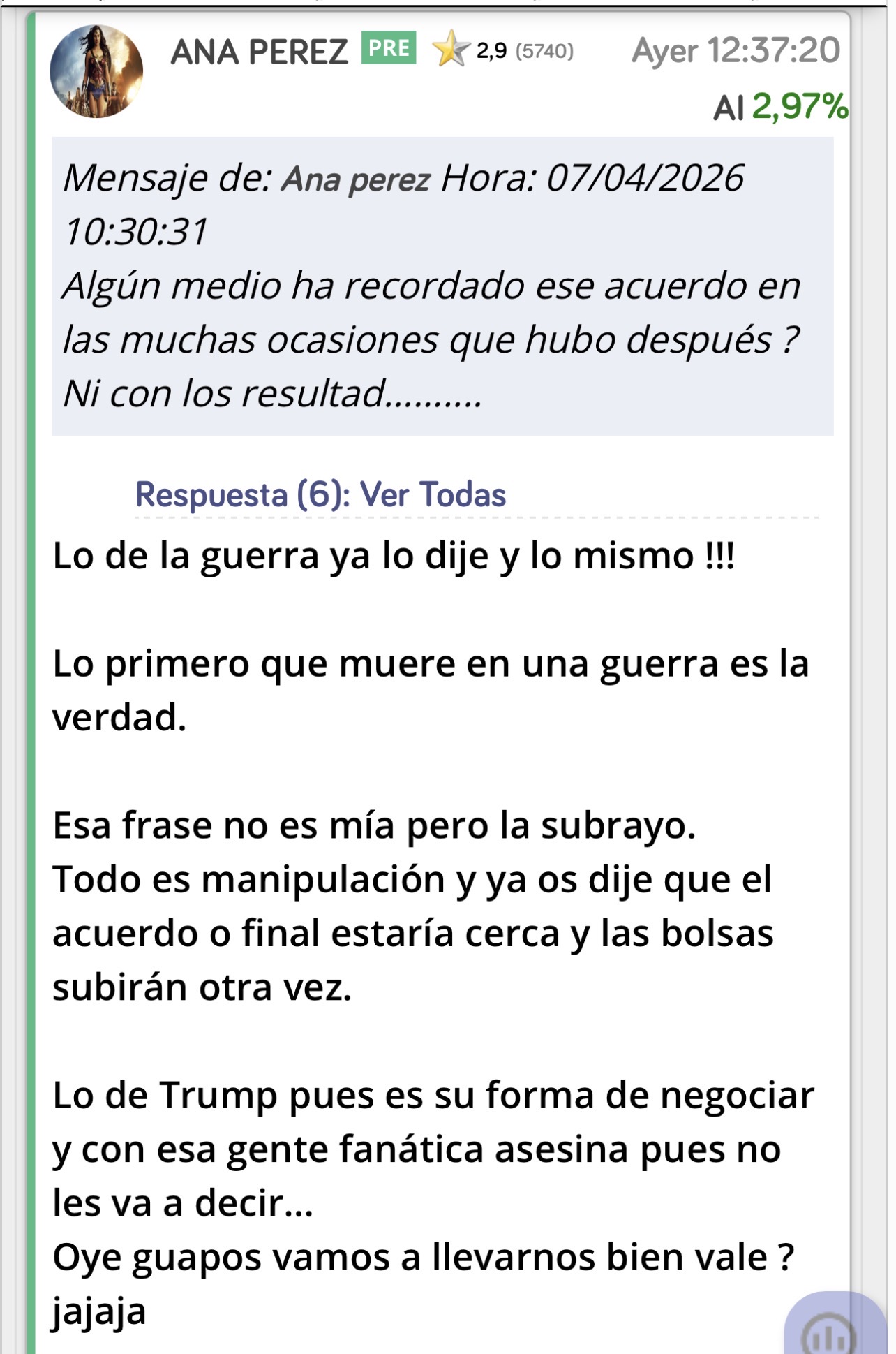 De verdad os creísteis que Trump iba a destrozar a Irán y dejar a toda esa pobre gente sin luz ni agua e iba a hacer una matanza ?
Eso lo hacen los otros no Trump.
Estaban utilizando escudos humanos los amigos de Sánchez…
A esos son los que les da igual las vidas humanas incluyendo el Xi Jinping que asesina a miles de chinos todos los años…
Allí no hay democracia ni libertad y hacia eso se dirige la humanidad si Trump no frena a China que es el verdadero enemigo.
Pero cuidado que los de Irán no son gente normal con los que se pueda negociar.
Ojalá lo consiga.
Pues ayer me adelanté a lo de hoy … <span class="Emo12"> </span> jjjj