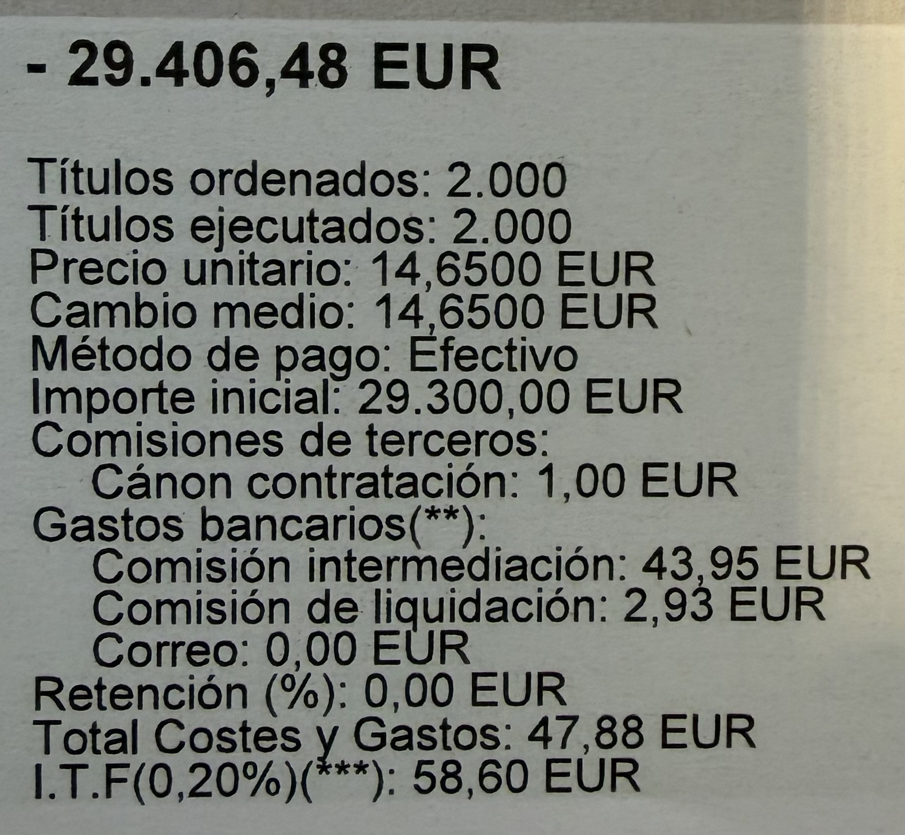 Pues aquí veis:
COMPRA DE 2000 acc de REPSOL A 14,65
Serían 29.300€
Me cobran 29.406,48
Comisiones 106,48
