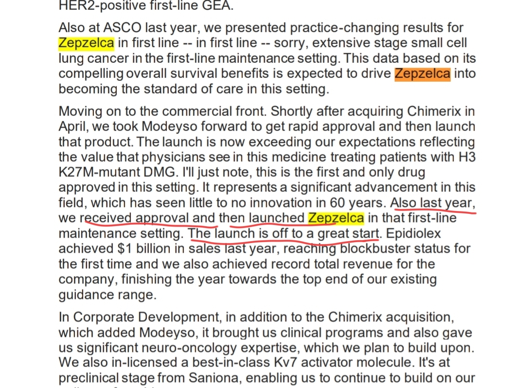 Lo que sabemos del LANZAMIENTO DE ZEPZELCA después del aprobado ,...son estas palabras que dijo Jazz en la JP Morgan el 13 de enero .
dicen.."and then launched "
Also last year, we received approval and then launched Zepzelca in that first-line maintenance setting. The launch is off to a great start
The laund is off to a great start .
.hay que comentar varios rollos pero es que ya se ha comentado muchas veces ....
