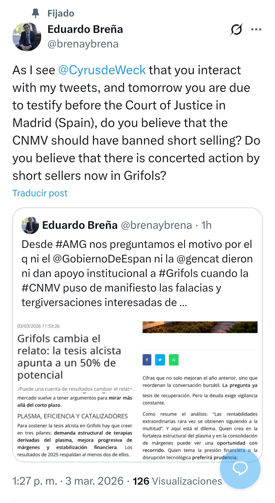Es increible el ridículo que está haciendo AMG, no nos hacen el mínimo favor a los minoritarios.
Me lo acaban de pasar:
Lean qué le pregunta Breña a Cyrus
