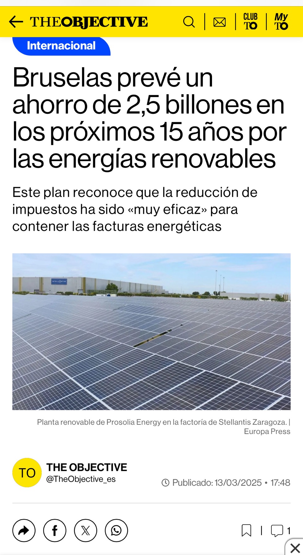. Misma noticia recogiendo las manifestaciones del comisario europeo de esta tarde. La
Comisión Europea está decidida a impulsar las renovables (Logico viendo la necesidad de no depender de USA)